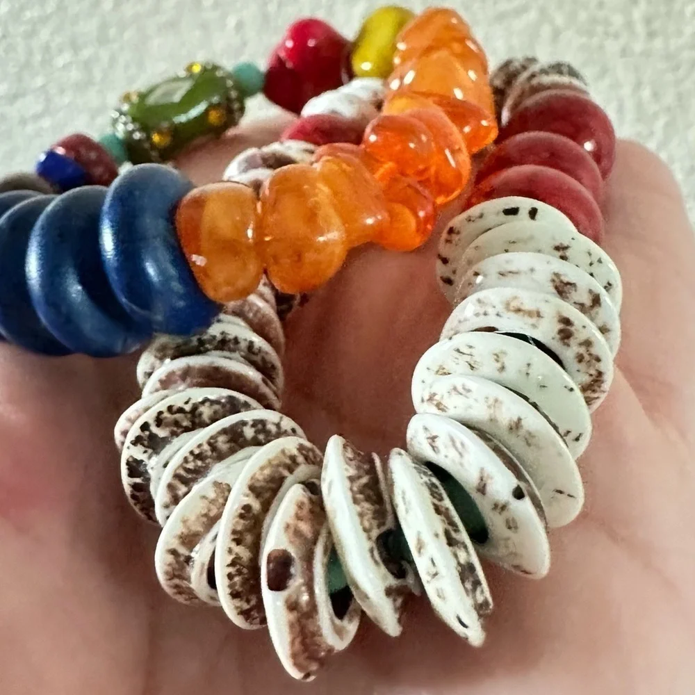 Boho Wooden beaded bracelet with glass beads accents looks like amber bracele…